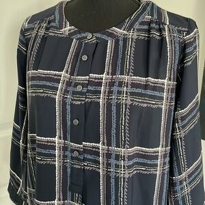 LOFT Classic Plaid Dress Women Size MP Navy White Check Pattern Long Sleeves